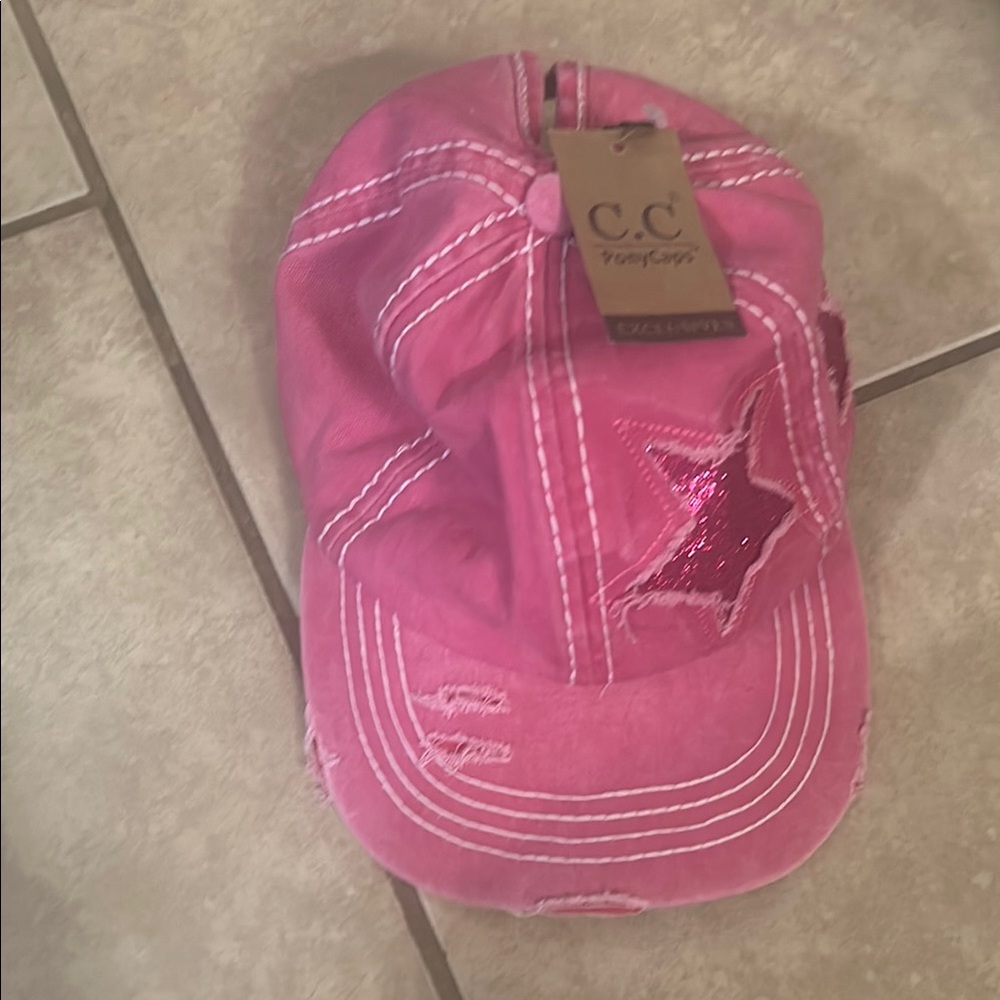 NWT C.C Pink Star distressed/glitter Cap